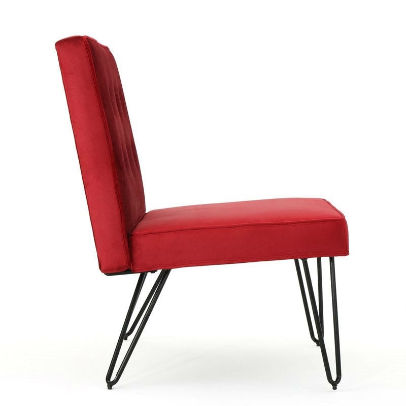 Red Velvety Soft Upholstered Polyester Accent Chair Black Metal Legs Image 4