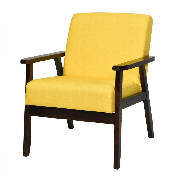 Retro Modern Classic Yellow Linen Wide Accent Chair with Espresso Wood Frame Image 1