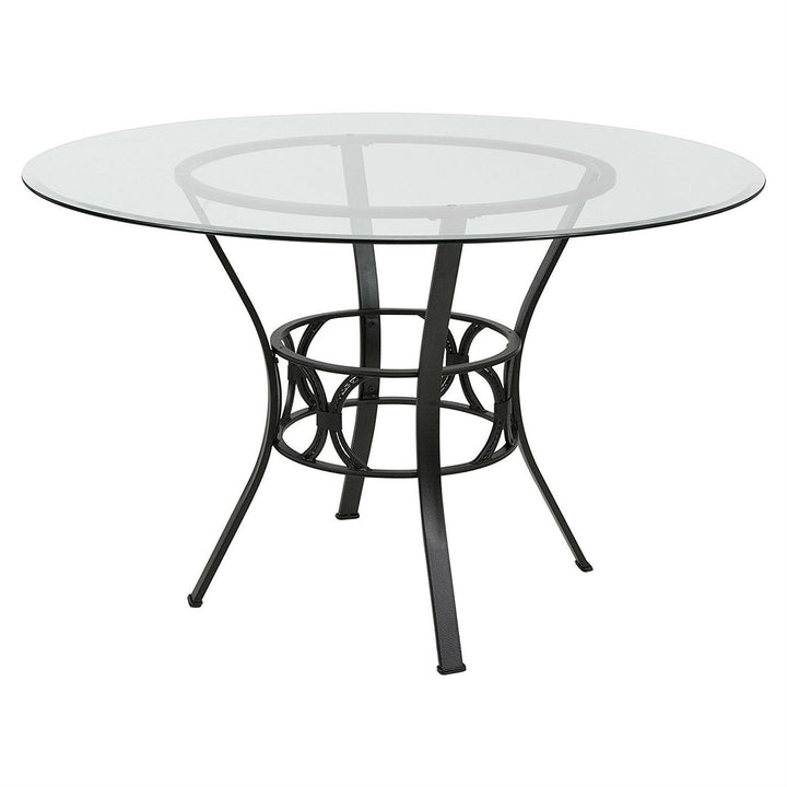 Round 48-inch Clear Glass Dining Table with Black Metal Frame Image 1