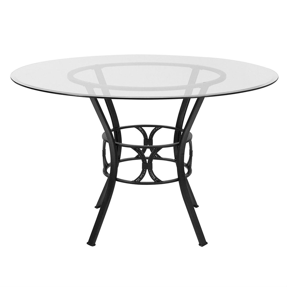 Round 48-inch Clear Glass Dining Table with Black Metal Frame Image 2