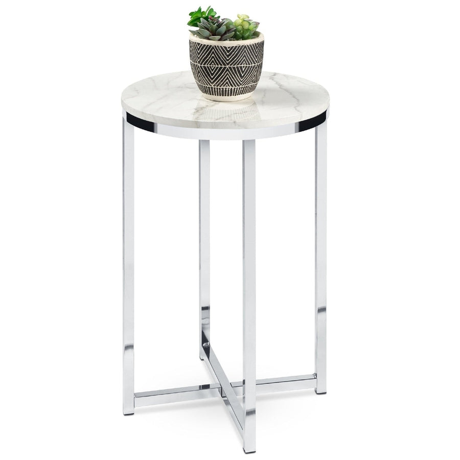 Round Cross Leg Design Coffee Side Table Nightstand with Faux Marble Top White/Chrome Image 1