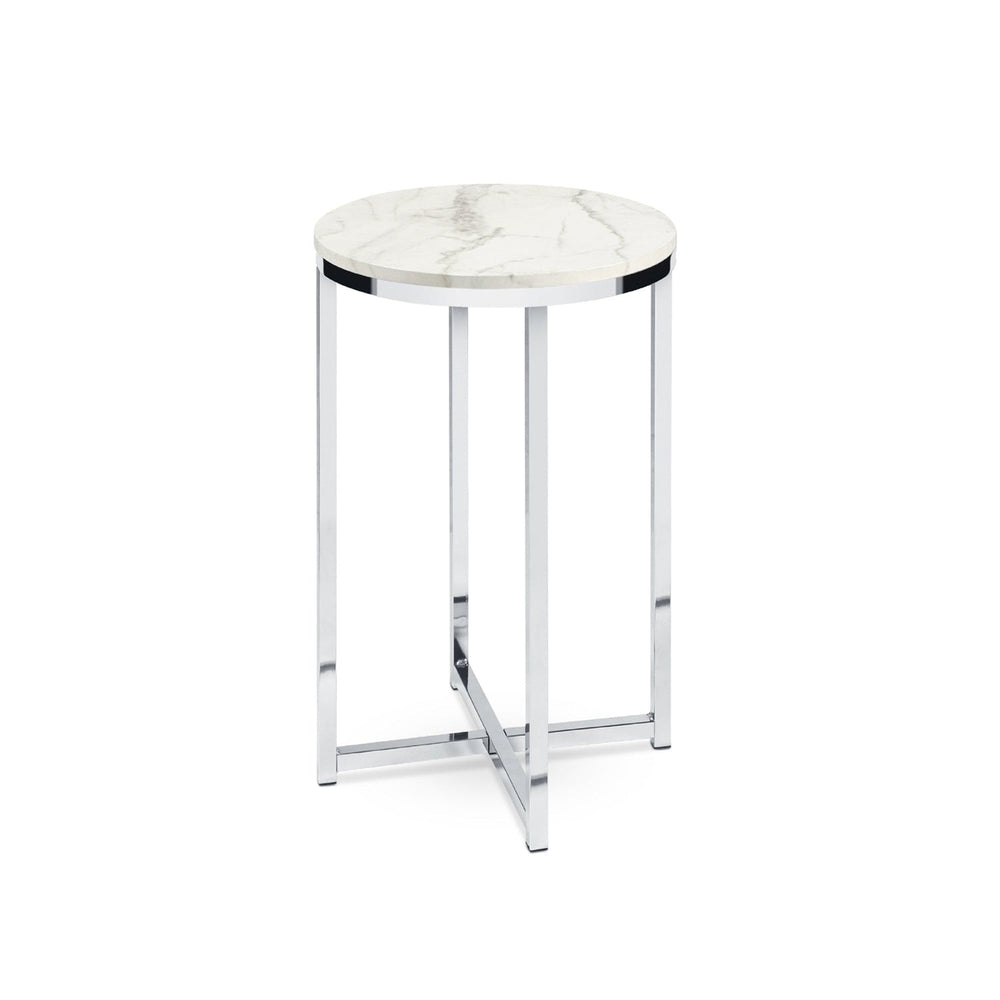 Round Cross Leg Design Coffee Side Table Nightstand with Faux Marble Top White/Chrome Image 2