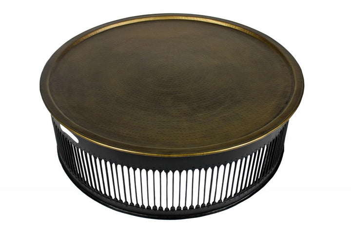 Round Black Drum Shaped Brass Coffee Table Image 1