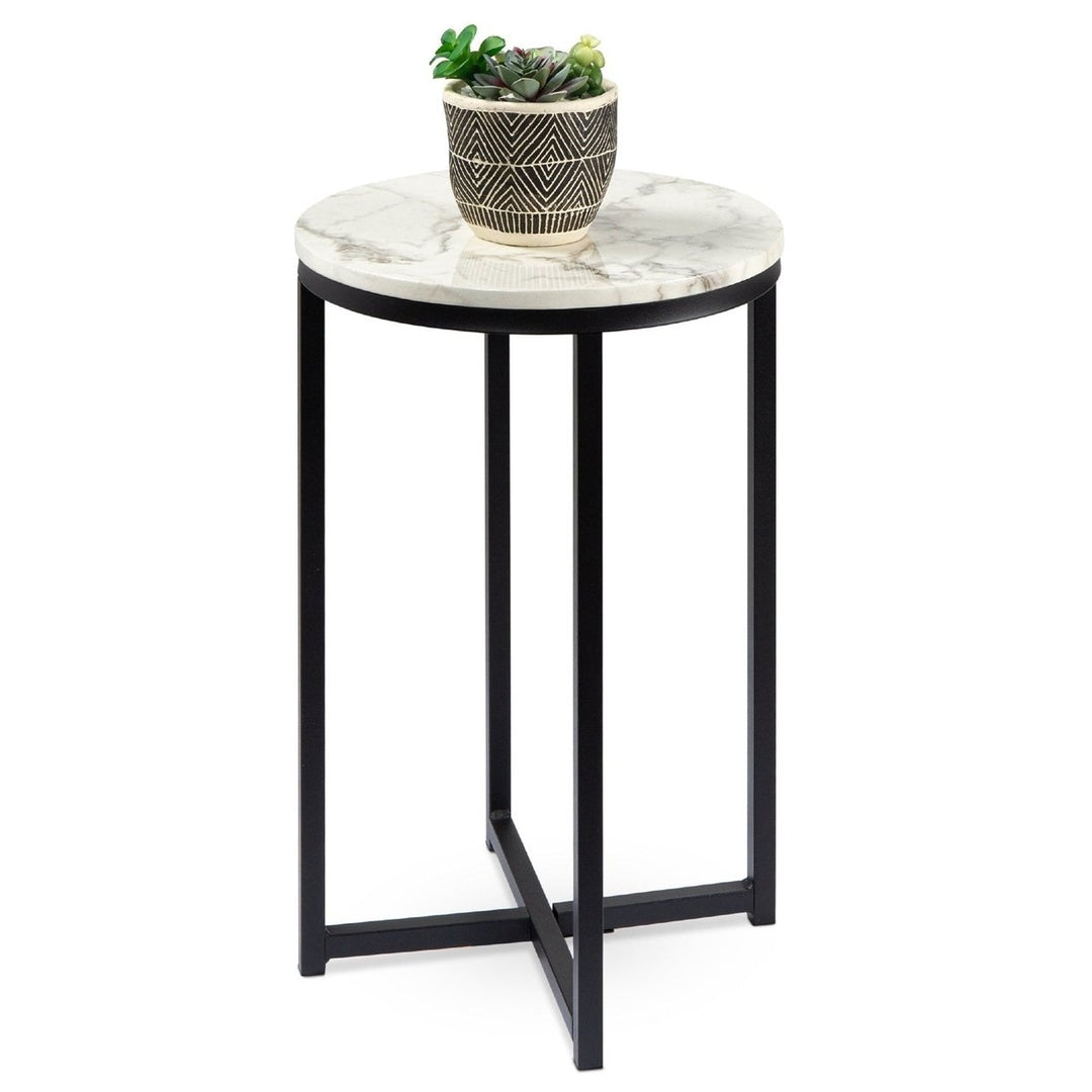 Round Cross Leg Design Coffee Side Table Nightstand with Faux Marble Top White/Matte Black Image 1