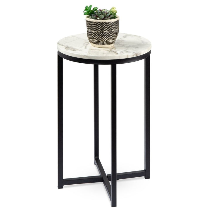 Round Cross Leg Design Coffee Side Table Nightstand with Faux Marble Top White/Matte Black Image 1