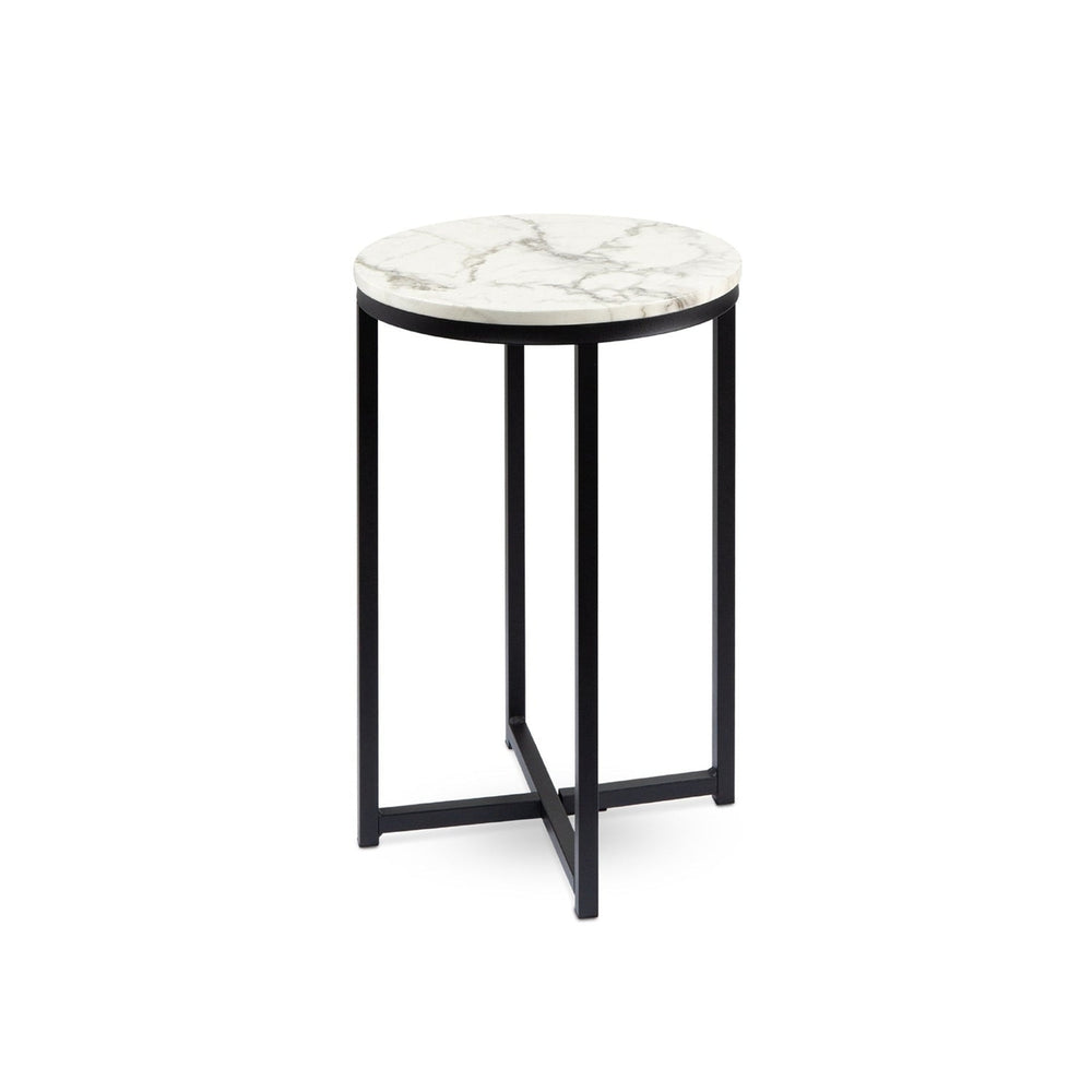 Round Cross Leg Design Coffee Side Table Nightstand with Faux Marble Top White/Matte Black Image 2