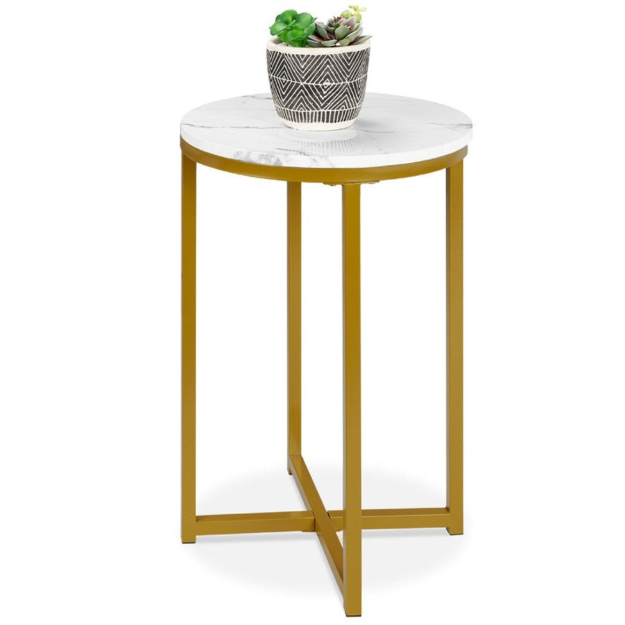 Round Cross Leg Design Coffee Side Table Nightstand with Faux Marble Top White/Gold Image 1