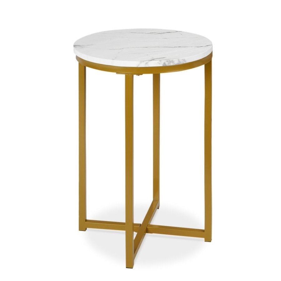 Round Cross Leg Design Coffee Side Table Nightstand with Faux Marble Top White/Gold Image 2