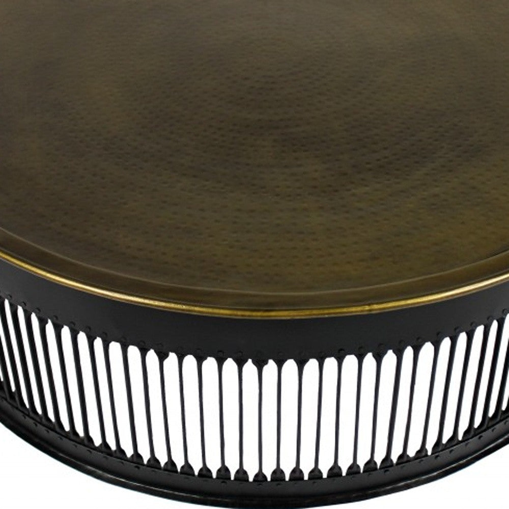 Round Black Drum Shaped Brass Coffee Table Image 2