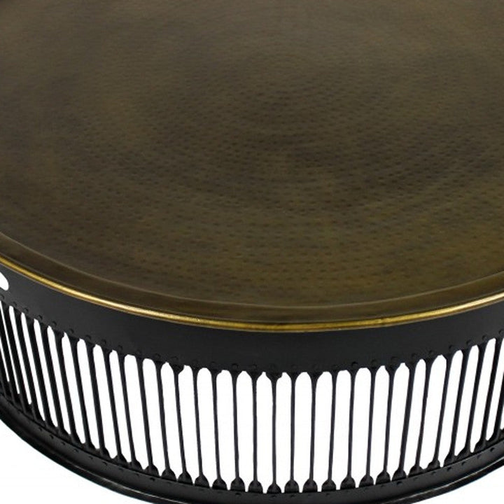 Round Black Drum Shaped Brass Coffee Table Image 3