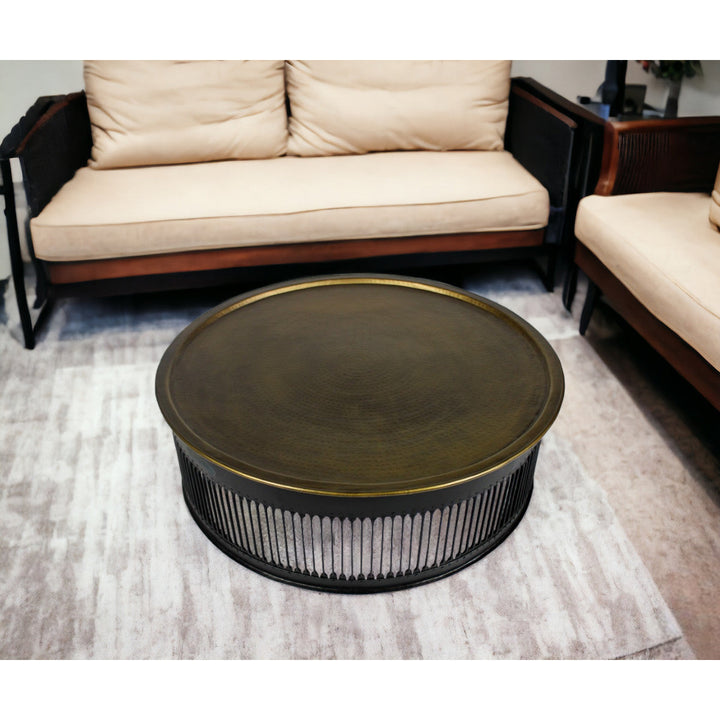 Round Black Drum Shaped Brass Coffee Table Image 4