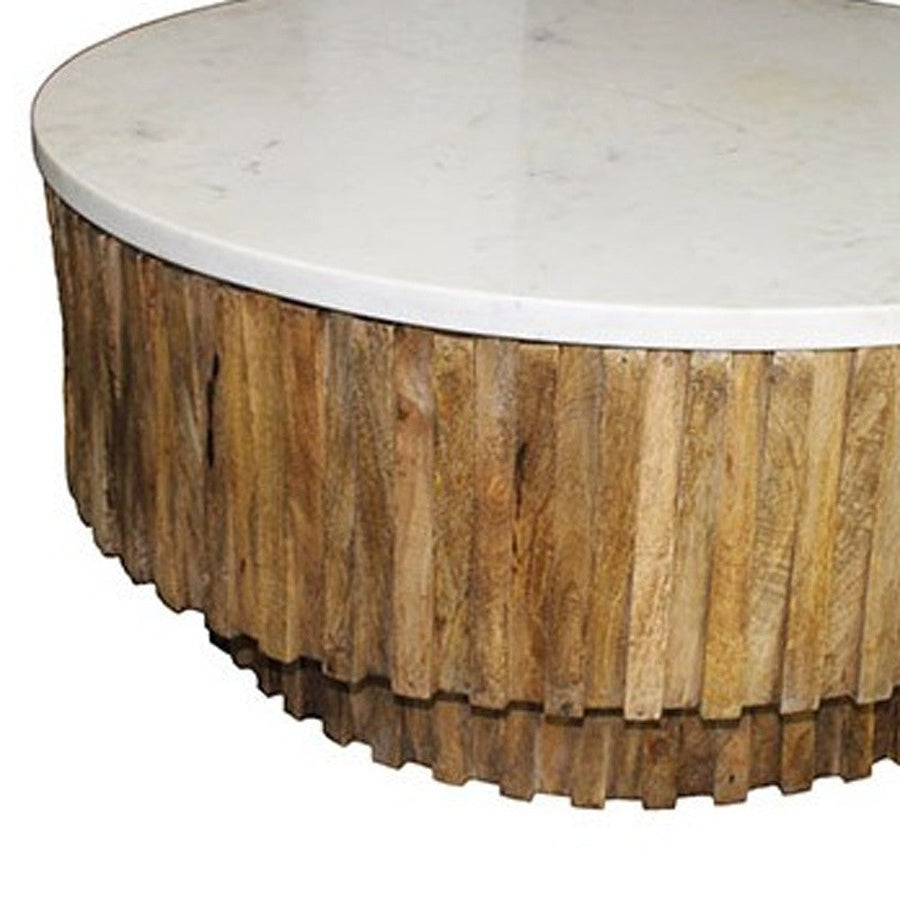 Round Marble Top and Wooden Strips Coffee Table Image 1