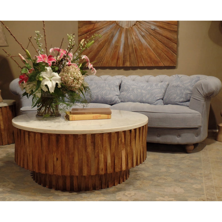 Round Marble Top and Wooden Strips Coffee Table Image 3