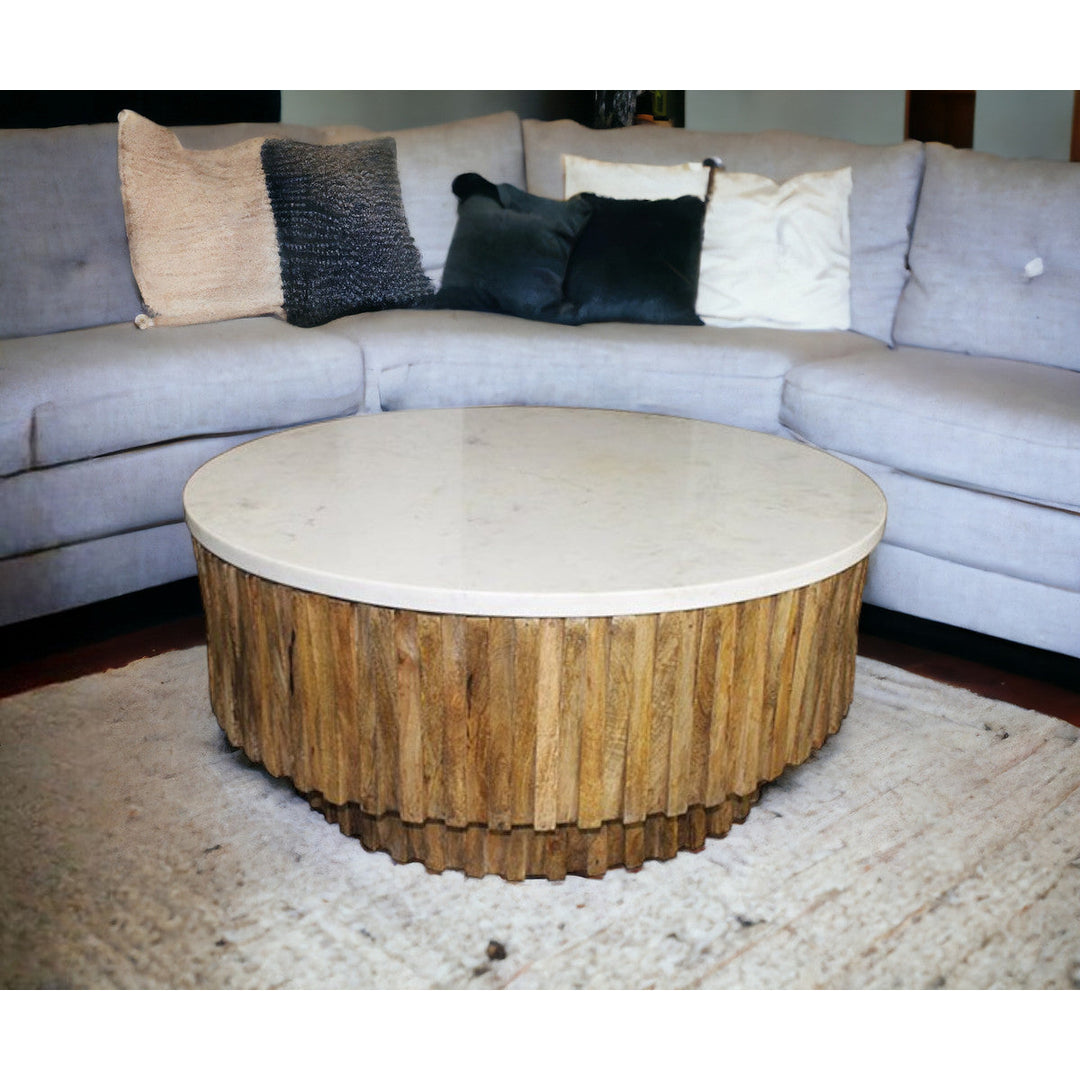 Round Marble Top and Wooden Strips Coffee Table Image 4