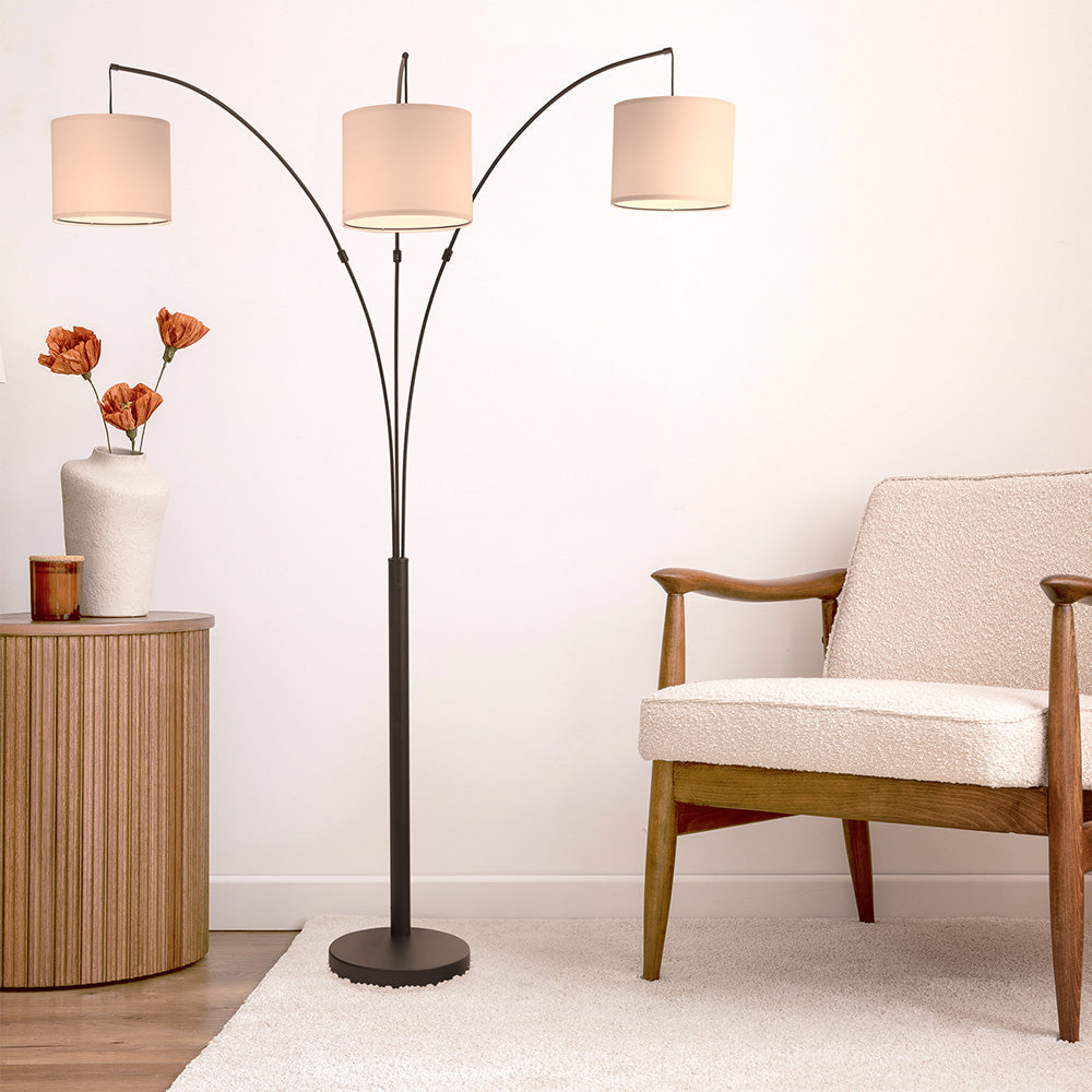 Royal 3-Arm Metal Arc Floor Lamp, Oil Rubbed Bonze with Linen Shade, 4 way Rotary Switch Image 5