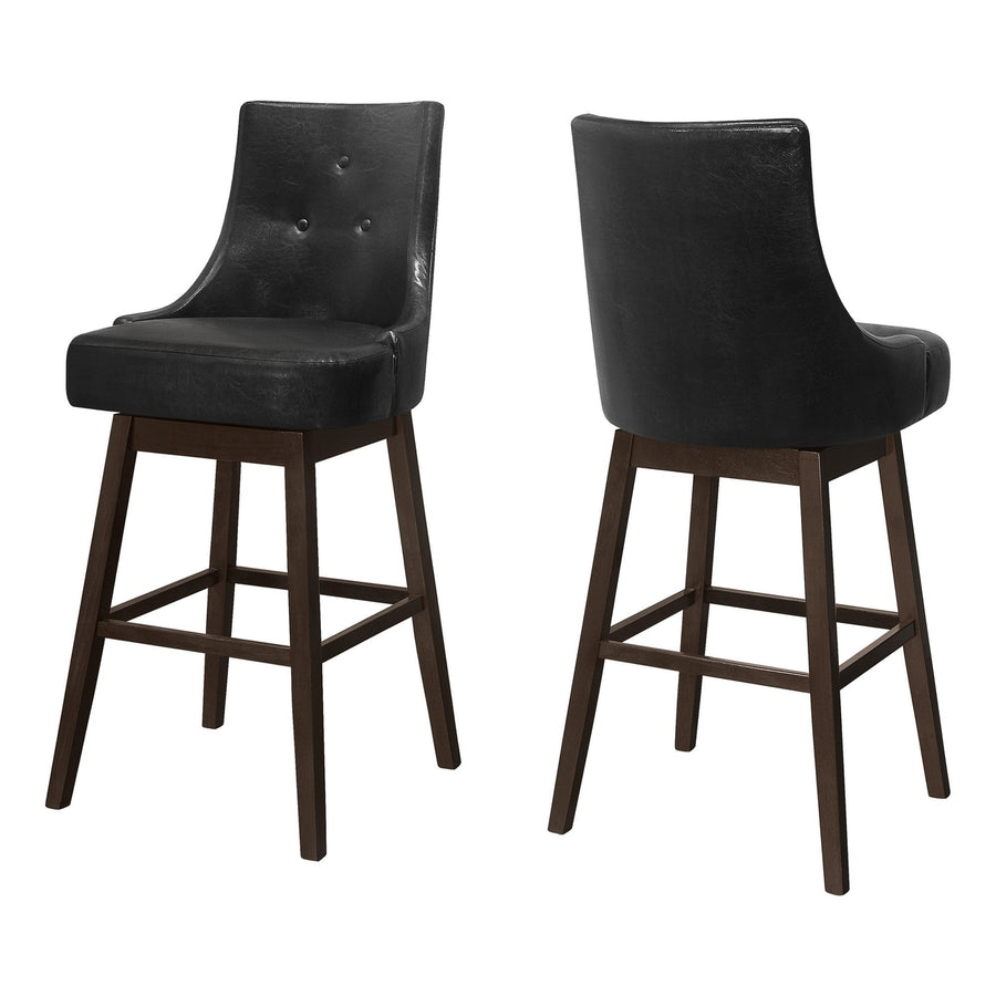 Set of Two 29 " Black And Brown Faux Leather And Solid Wood Swivel Bar Height Bar Chairs Image 1