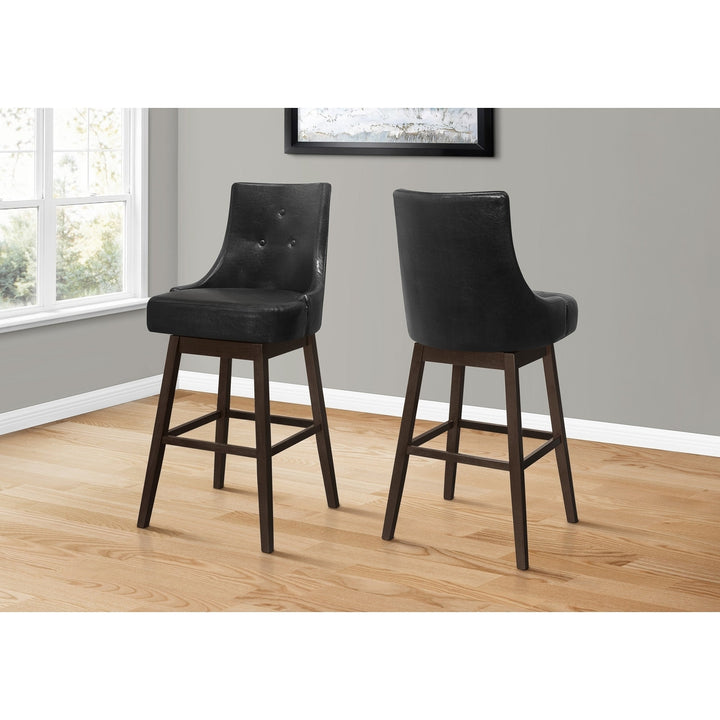 Set of Two 29 " Black And Brown Faux Leather And Solid Wood Swivel Bar Height Bar Chairs Image 2