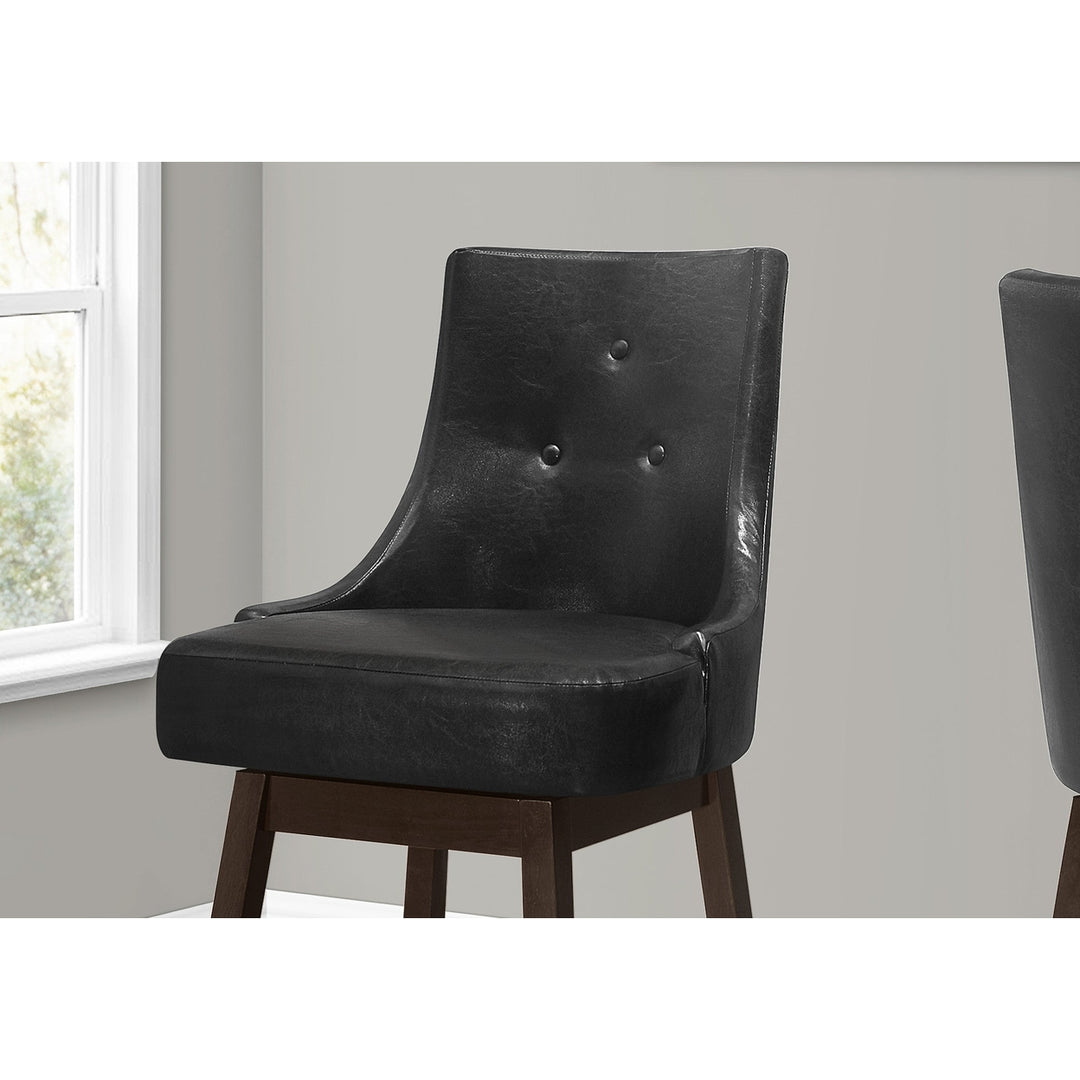 Set of Two 29 " Black And Brown Faux Leather And Solid Wood Swivel Bar Height Bar Chairs Image 3