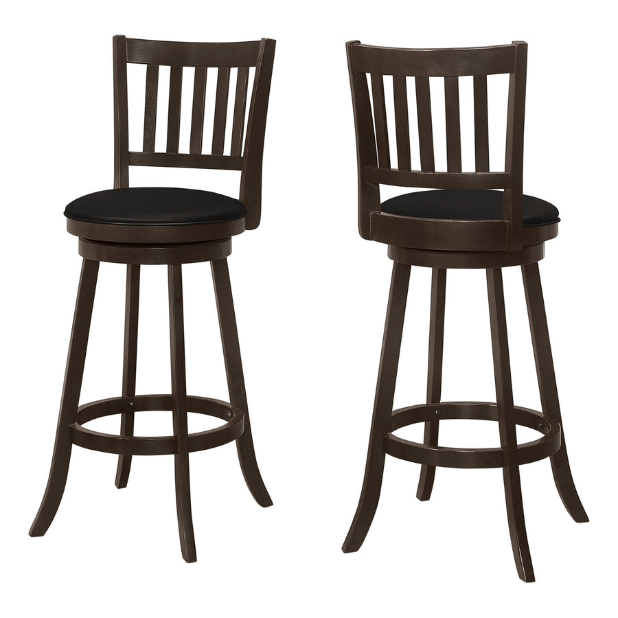 Set of Two 29 " Black And Espresso Faux Leather And Solid Wood Swivel Bar Height Bar Chairs Image 1