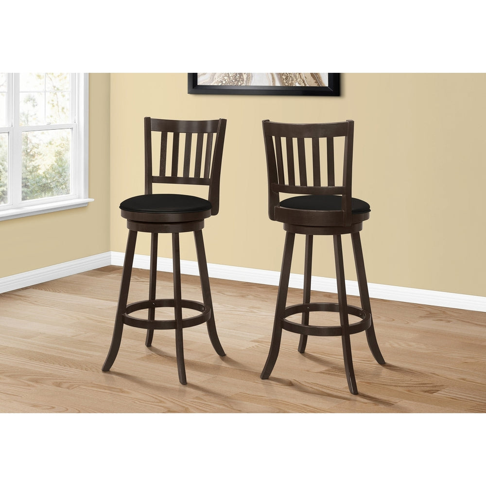 Set of Two 29 " Black And Espresso Faux Leather And Solid Wood Swivel Bar Height Bar Chairs Image 2