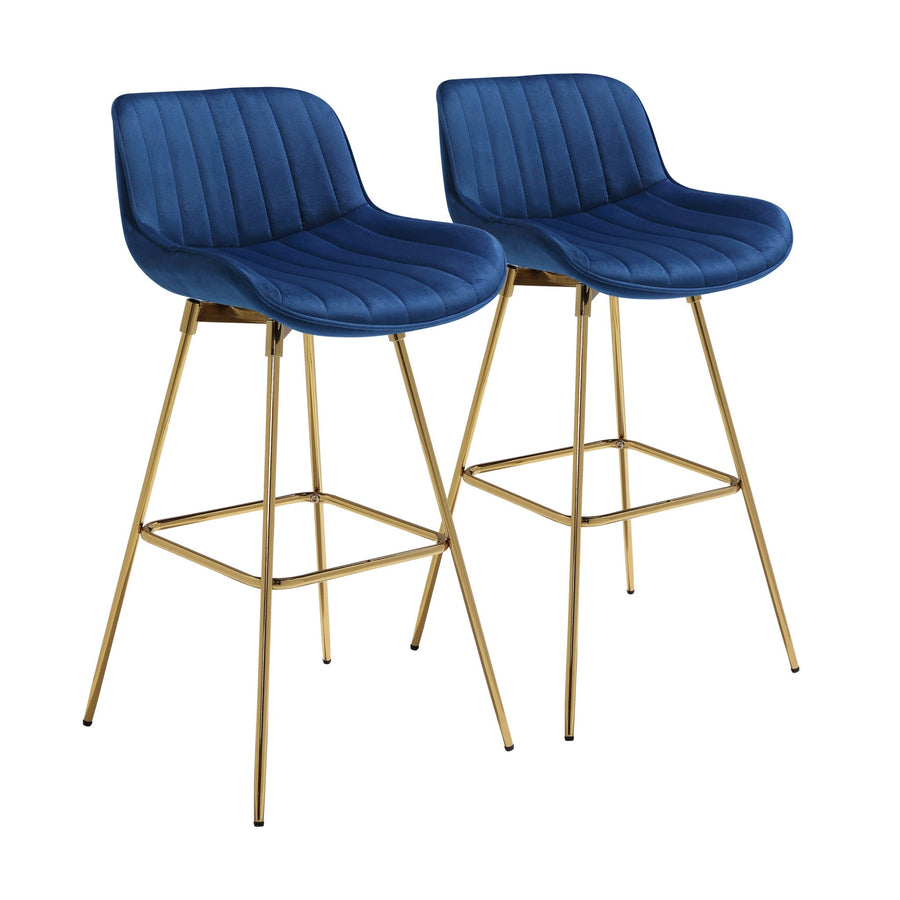 Set of Two 29" Blue And Gold Velvet And Metal Swivel Low Back Bar Height Bar Chairs Image 1