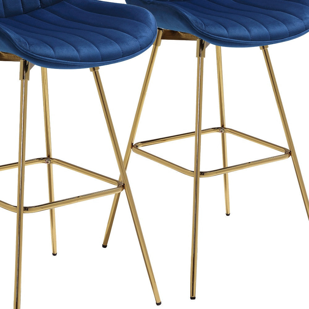 Set of Two 29" Blue And Gold Velvet And Metal Swivel Low Back Bar Height Bar Chairs Image 2