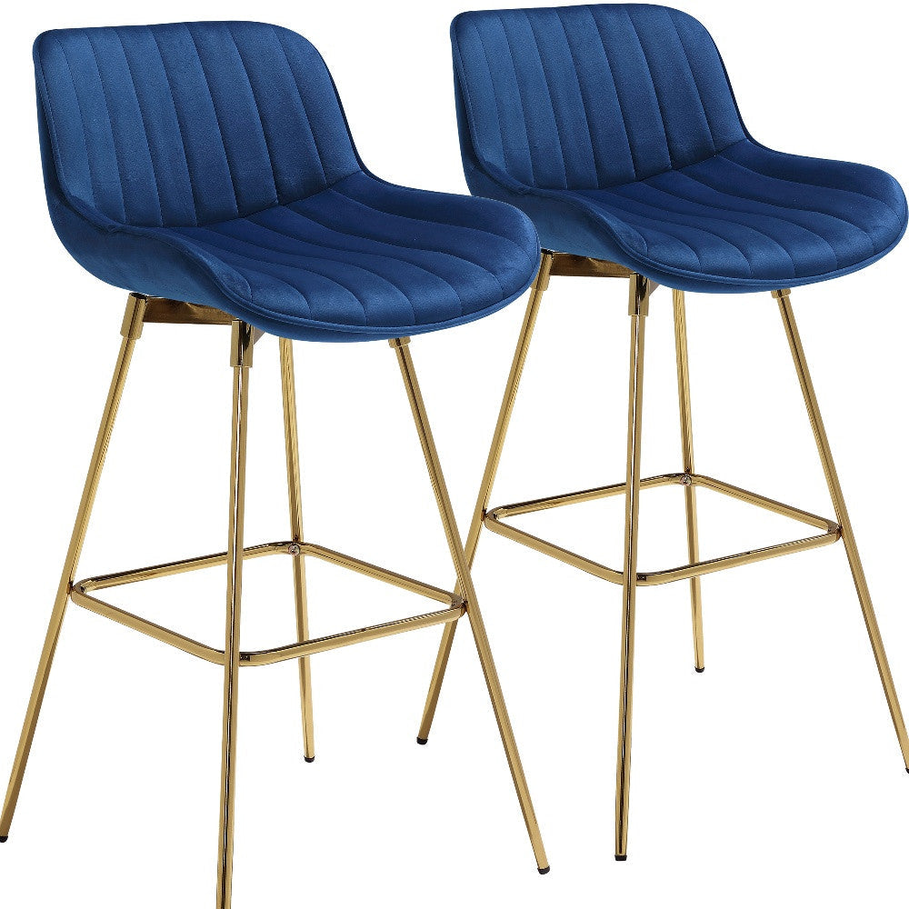 Set of Two 29" Blue And Gold Velvet And Metal Swivel Low Back Bar Height Bar Chairs Image 3