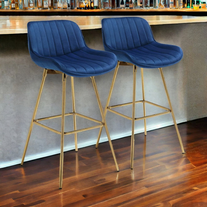 Set of Two 29" Blue And Gold Velvet And Metal Swivel Low Back Bar Height Bar Chairs Image 4