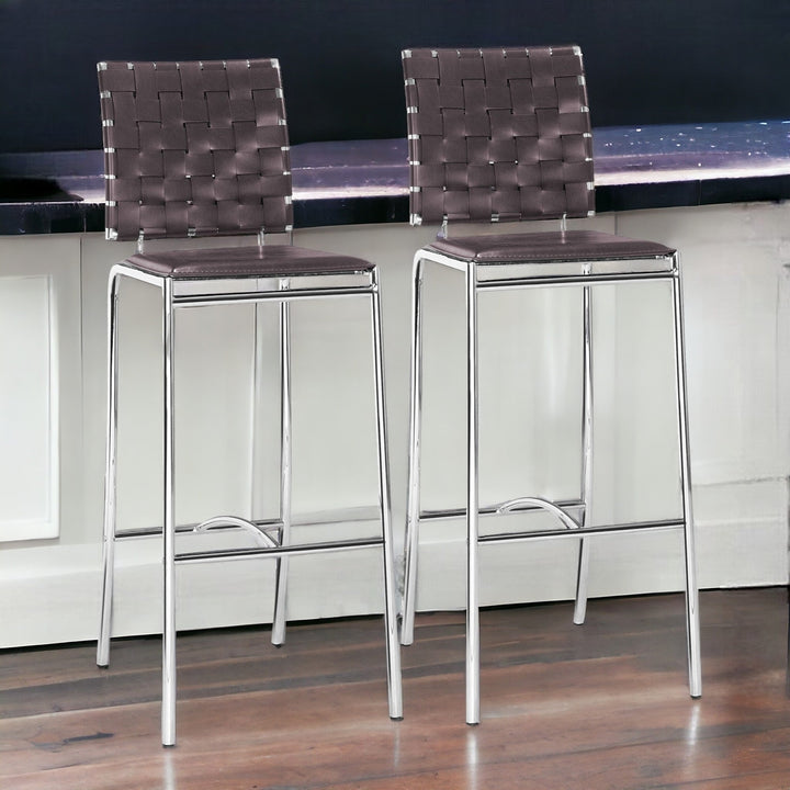 Set of Two 29" Espresso And Silver Steel Low Back Bar Height Bar Chairs Image 10