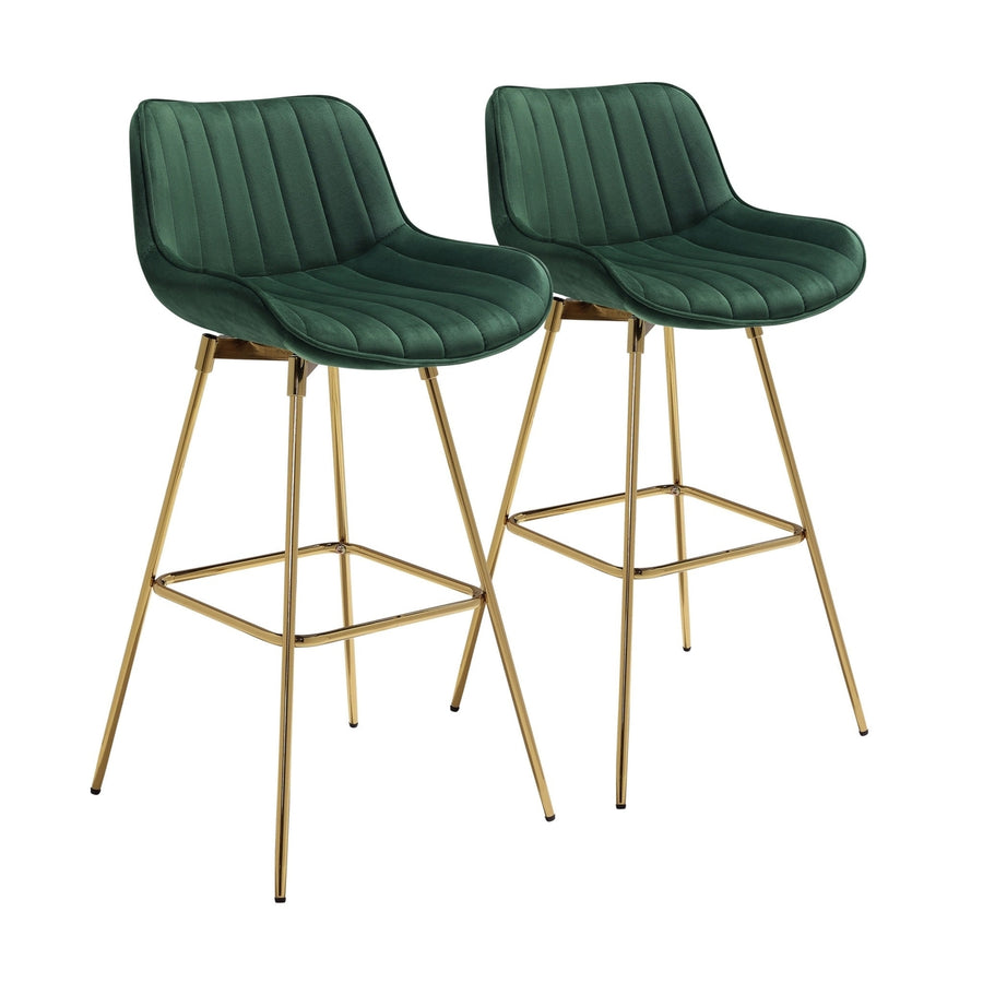 Set of Two 29" Green And Gold Velvet And Metal Swivel Low Back Bar Height Bar Chairs Image 1