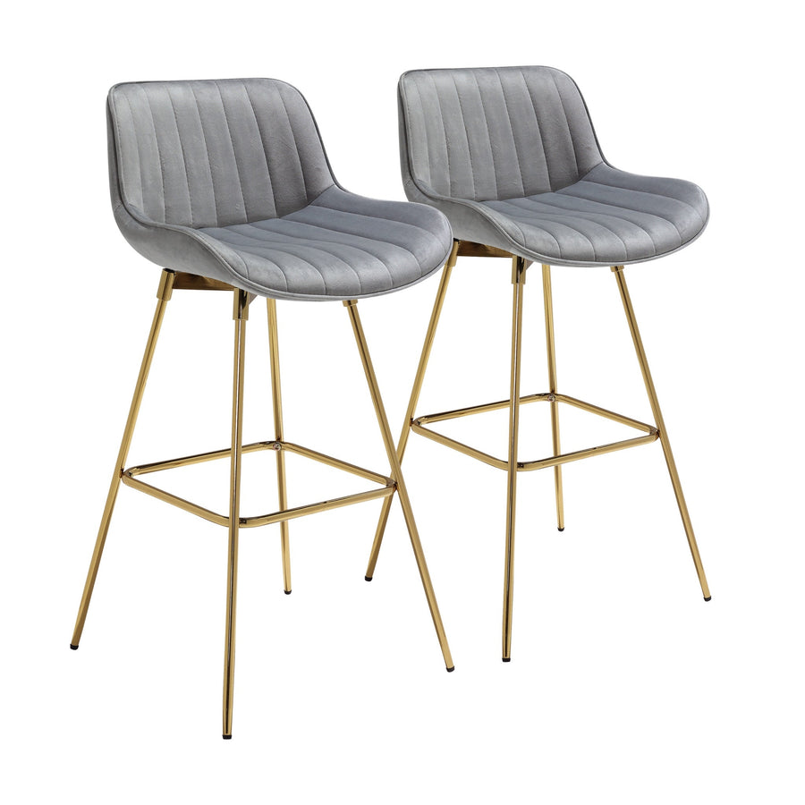 Set of Two 29" Gray And Gold Velvet And Metal Swivel Low Back Bar Height Bar Chairs Image 1
