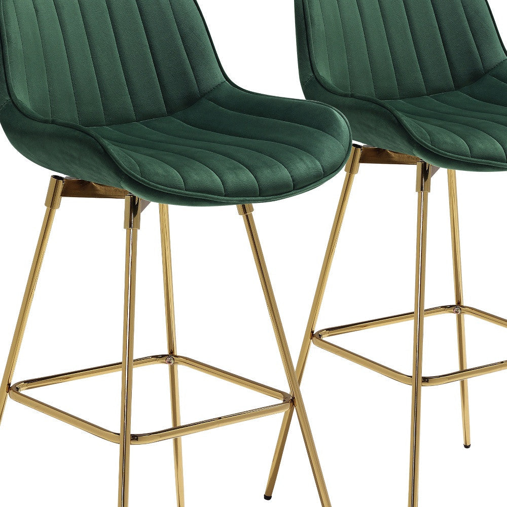 Set of Two 29" Green And Gold Velvet And Metal Swivel Low Back Bar Height Bar Chairs Image 2