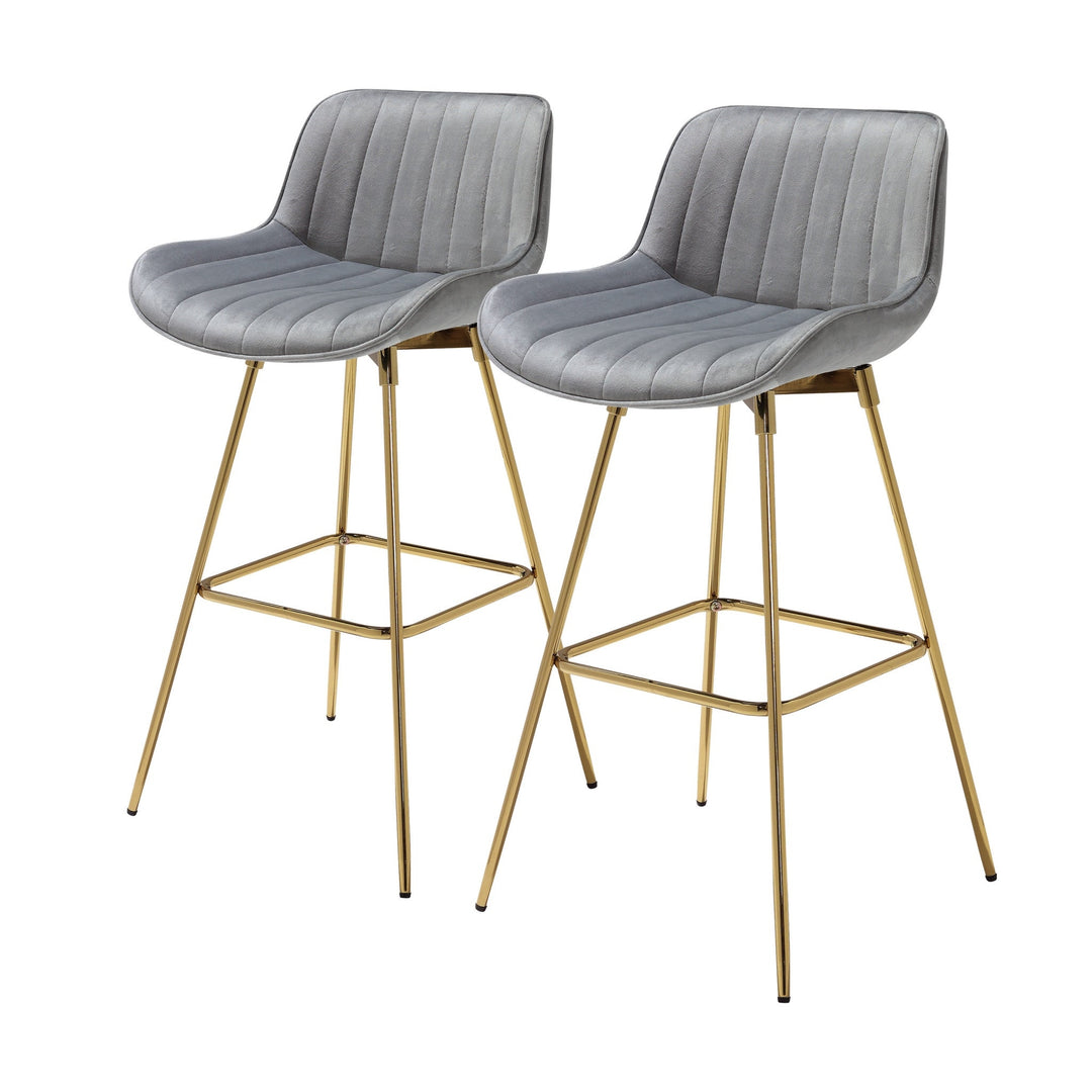 Set of Two 29" Gray And Gold Velvet And Metal Swivel Low Back Bar Height Bar Chairs Image 3