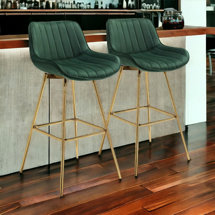 Set of Two 29" Green And Gold Velvet And Metal Swivel Low Back Bar Height Bar Chairs Image 4