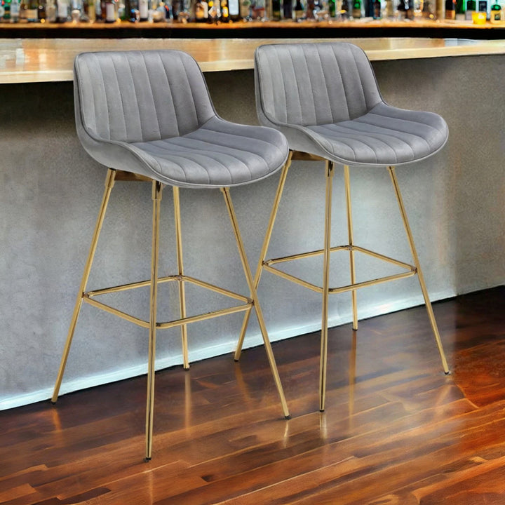 Set of Two 29" Gray And Gold Velvet And Metal Swivel Low Back Bar Height Bar Chairs Image 4