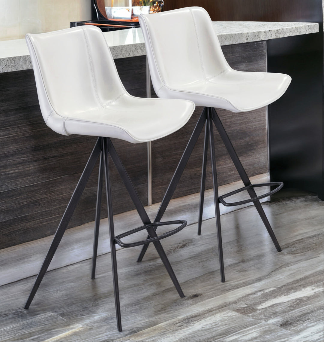 Set of Two 29" White And Black Steel Low Back Bar Height Bar Chairs Image 2