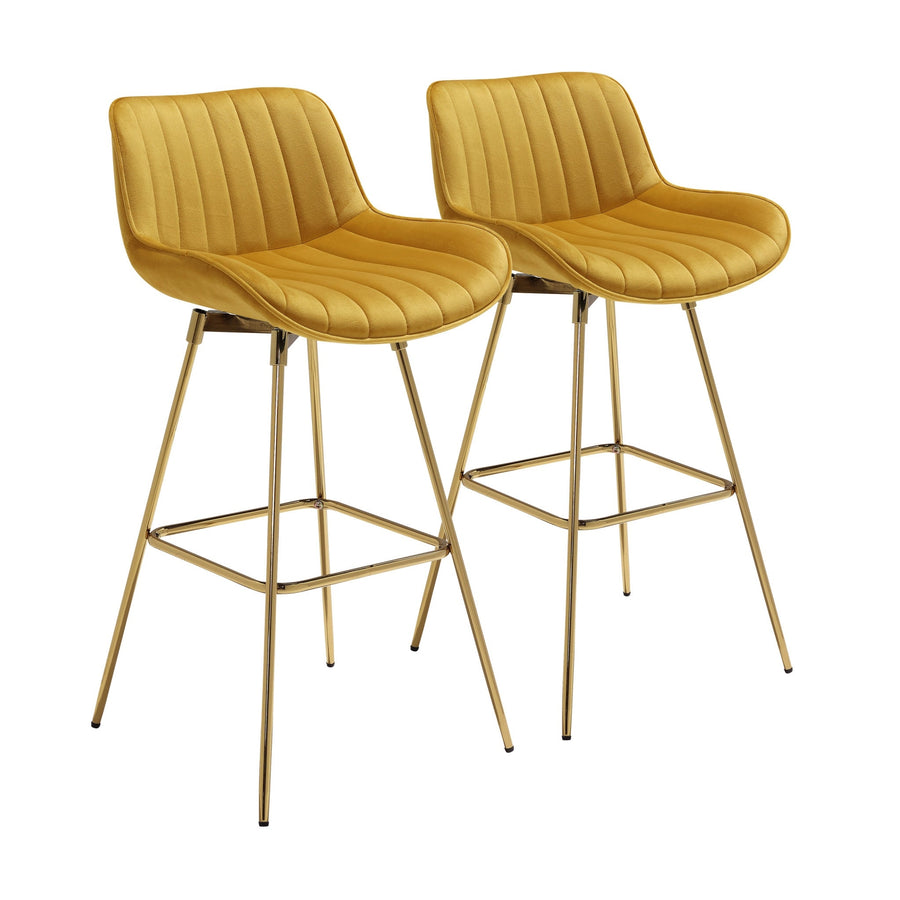 Set of Two 29" Yellow And Gold Velvet And Metal Swivel Low Back Bar Height Bar Chairs Image 1