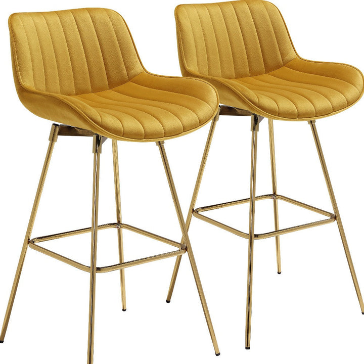 Set of Two 29" Yellow And Gold Velvet And Metal Swivel Low Back Bar Height Bar Chairs Image 4