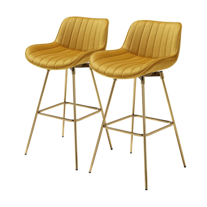 Set of Two 29" Yellow And Gold Velvet And Metal Swivel Low Back Bar Height Bar Chairs Image 5