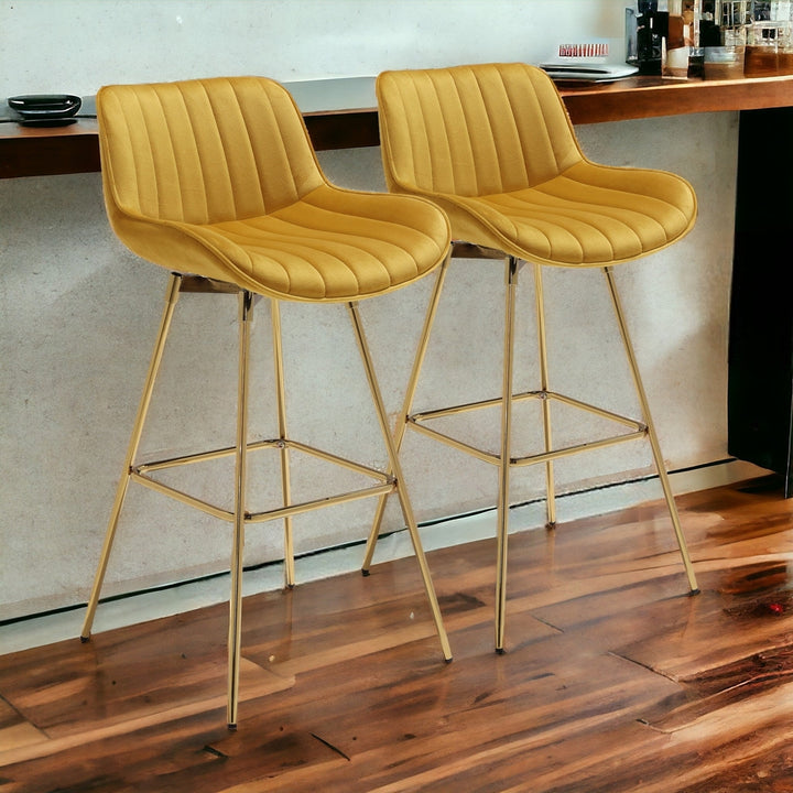 Set of Two 29" Yellow And Gold Velvet And Metal Swivel Low Back Bar Height Bar Chairs Image 6