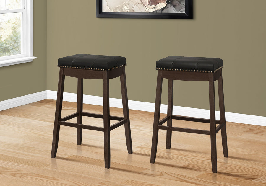 Set of Two 30 " Black And Espresso Faux Leather And Solid Wood Backless Bar Height Bar Chairs Image 1