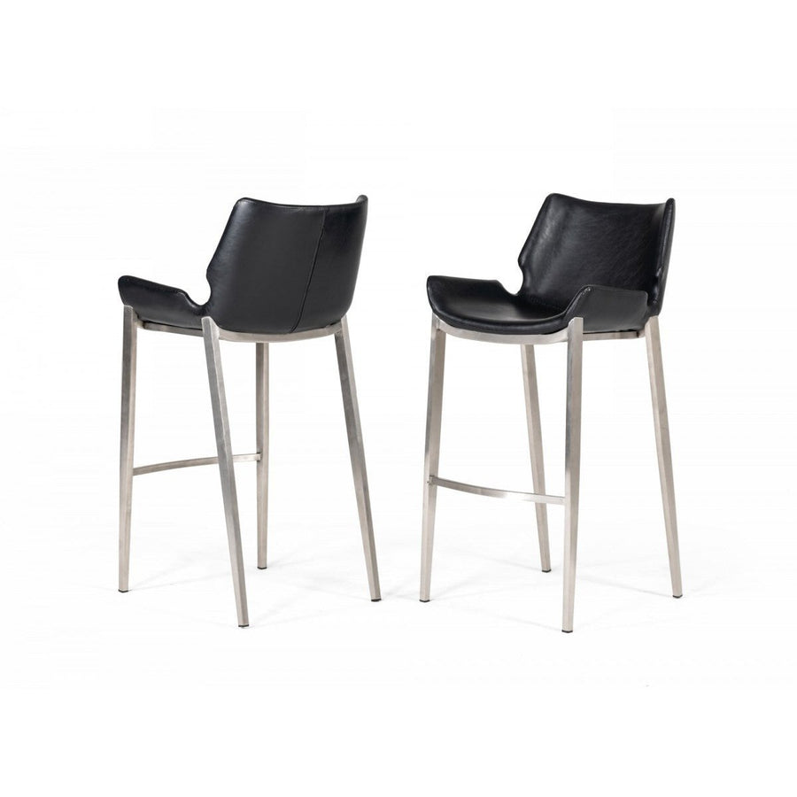 Set of Two 30" Black And Silver Faux Leather And Steel Low Back Bar Height Bar Chairs Image 1