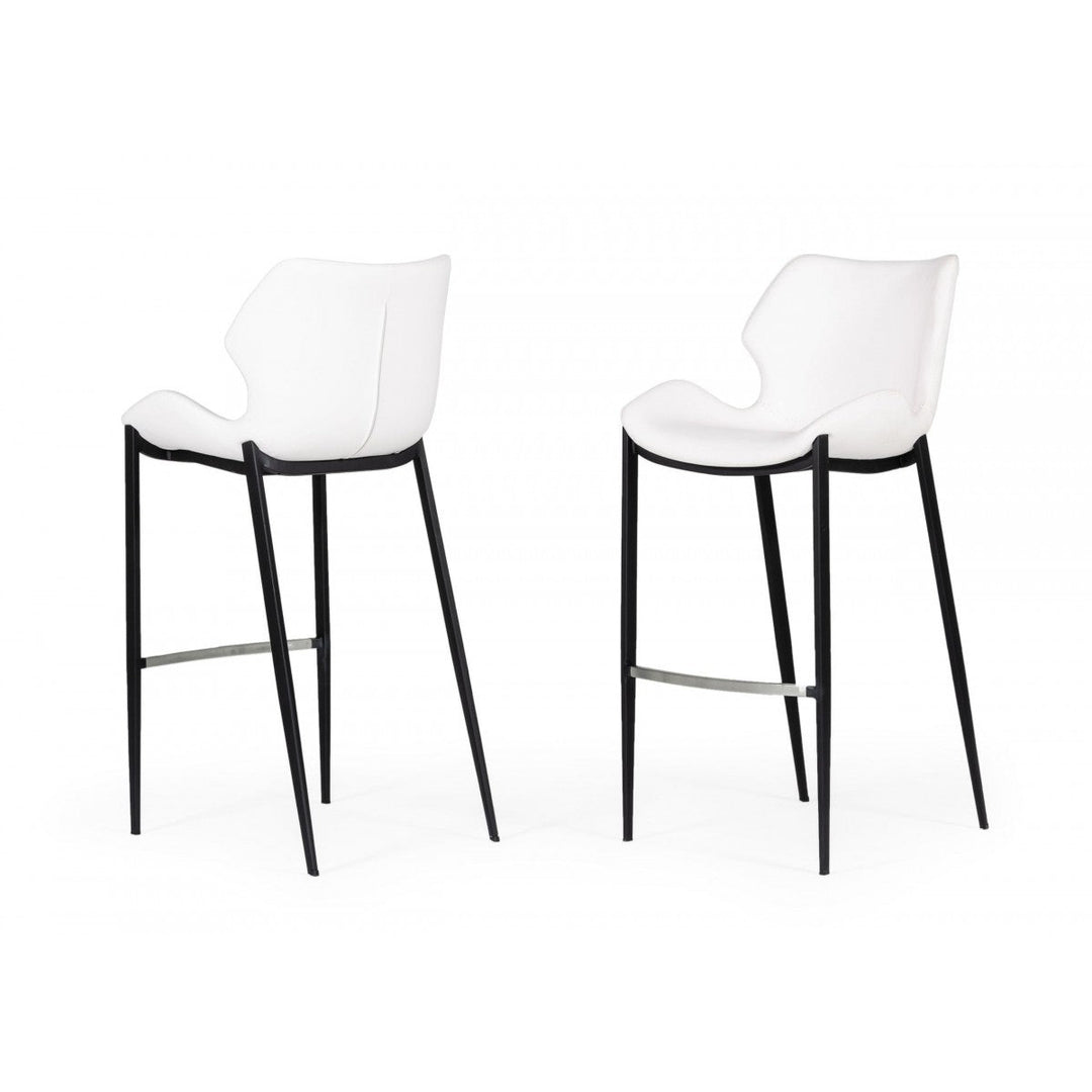 Set of Two 30" White And Black Faux Leather And Steel Low Back Bar Height Bar Chairs Image 1