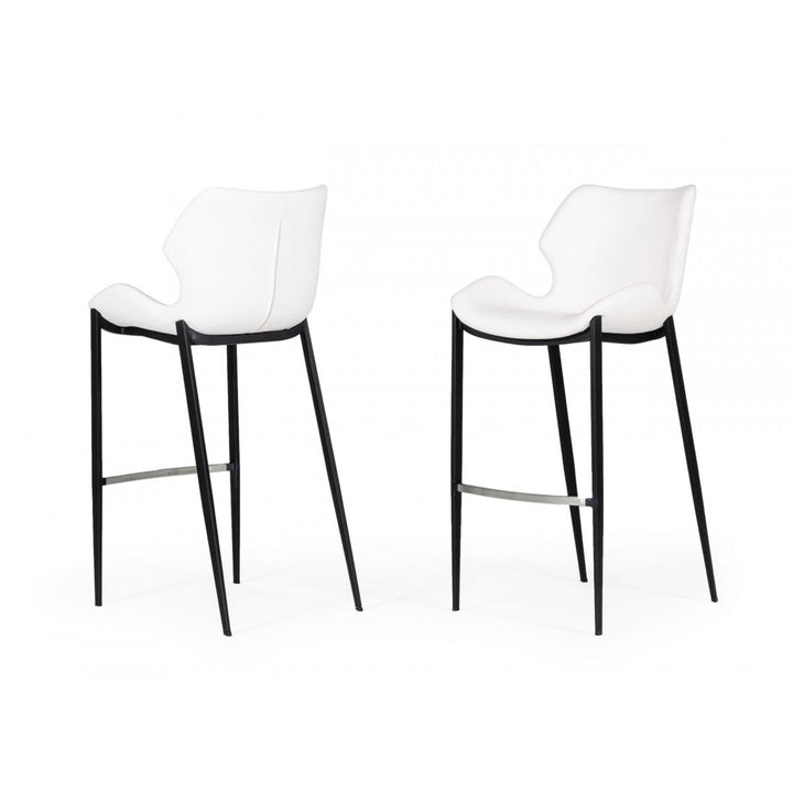 Set of Two 30" White And Black Faux Leather And Steel Low Back Bar Height Bar Chairs Image 1