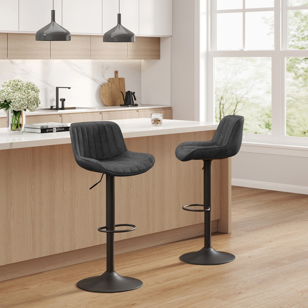 Set of Two 31" Black Faux Leather And Steel Swivel Low Back Adjustable Height Bar Chairs Image 1