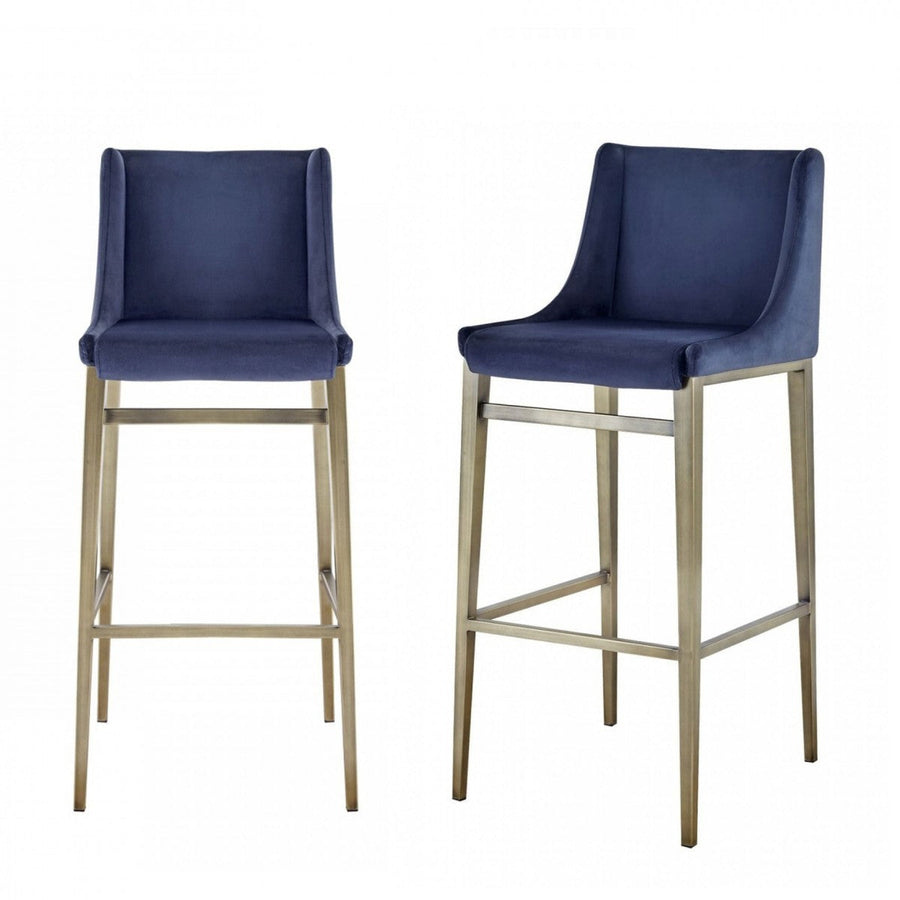Set of Two 31" Blue And Silver Velvet And Steel Bar Height Bar Chairs Image 1