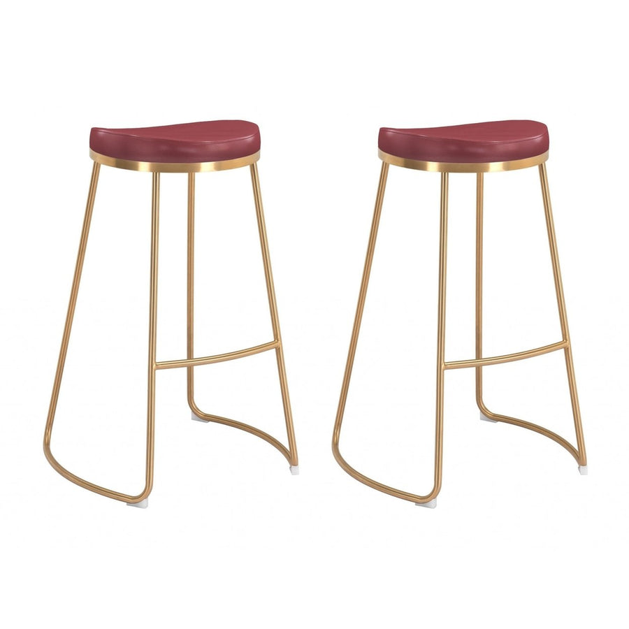 Set of Two 31" Burgundy And Gold Steel Backless Bar Height Bar Chairs Image 1