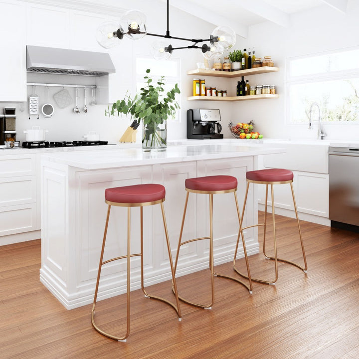 Set of Two 31" Burgundy And Gold Steel Backless Bar Height Bar Chairs Image 7