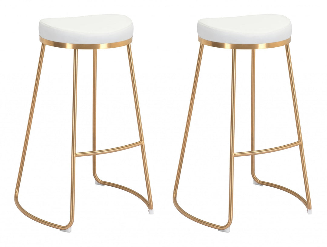 Set of Two 31" White And Gold Steel Backless Bar Height Bar Chairs Image 1