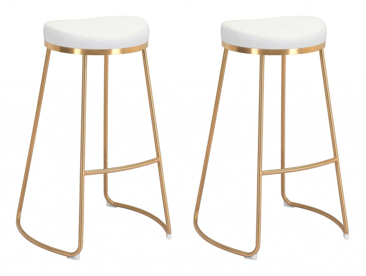 Set of Two 31" White And Gold Steel Backless Bar Height Bar Chairs Image 1